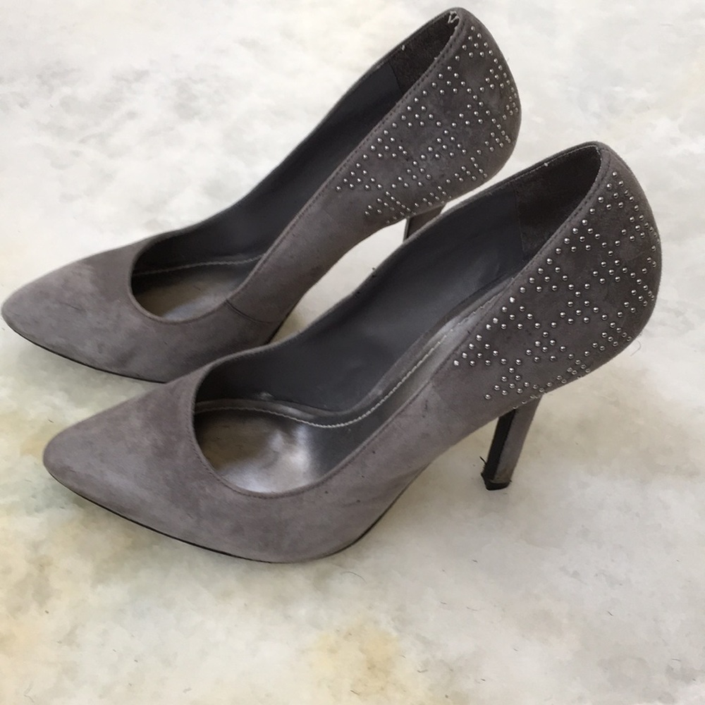 Gray Suede BCBGeneration Silver Studded Heels